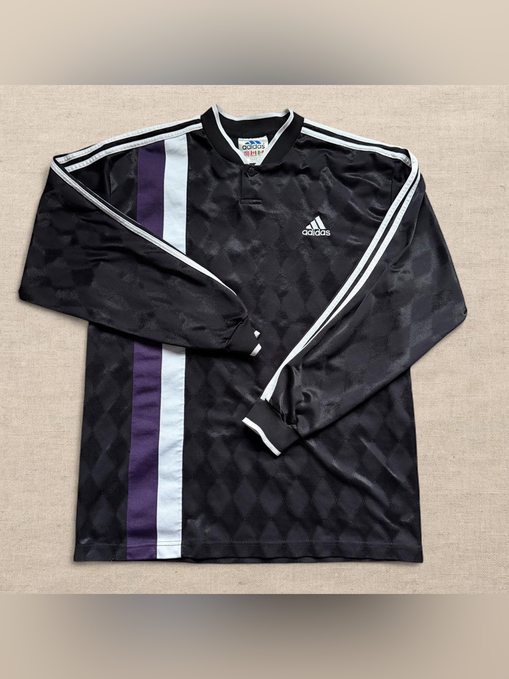 Vintage Adidas 90s Soccer Jersey Mens Size M Black Purple Geometric Long Sleeve